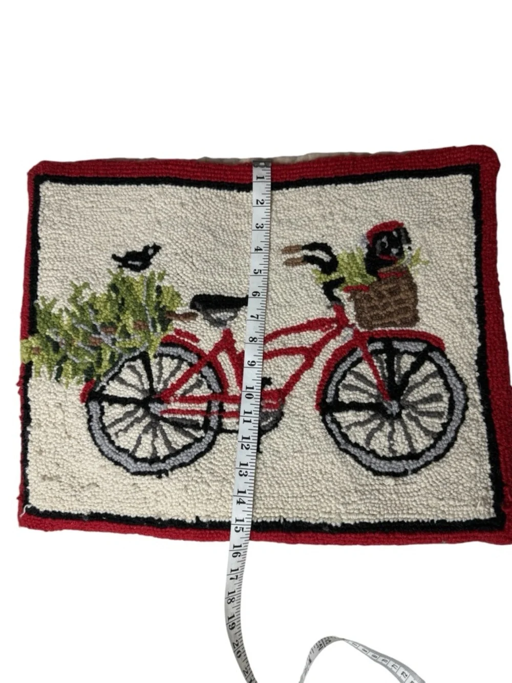 Red Bicycle Hooked Accent Pillow Cover with Cream Background